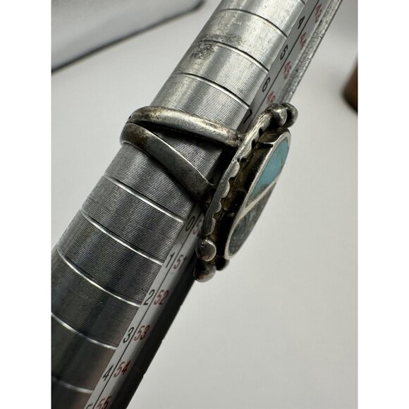 Old Pawn Zuni Inlayed Turquoise Oval Ring Size 5 Etched Band Unmarked - Picture 6 of 8